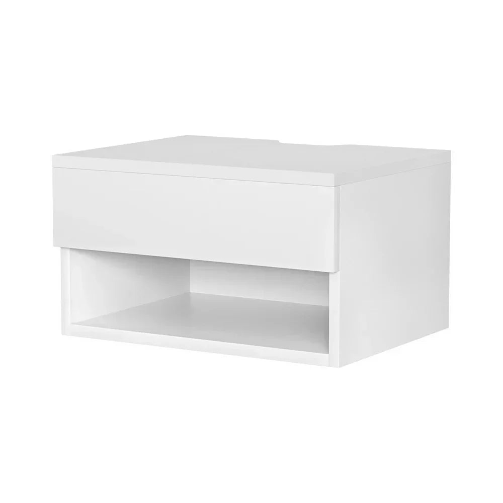 Modern white floating bedside table with drawer and open shelf, minimalist design