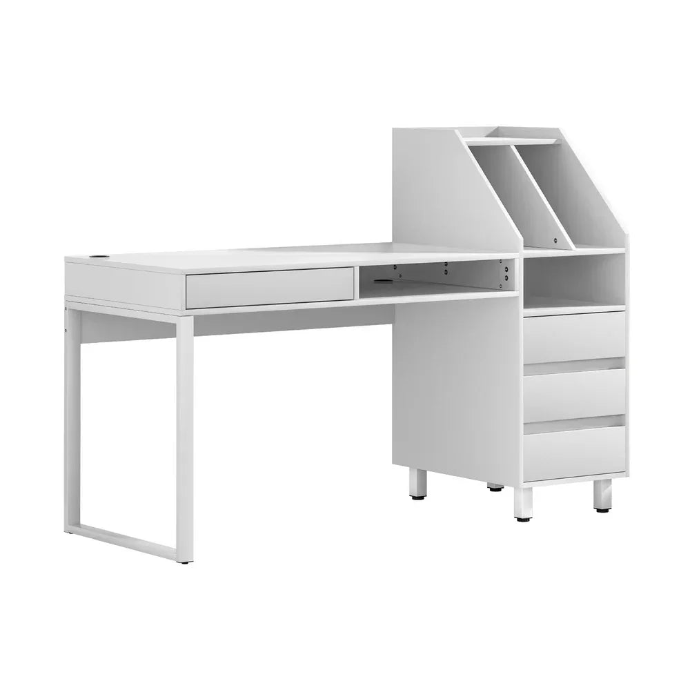 White office desk with storage drawers and open shelving, modern home workspace furniture