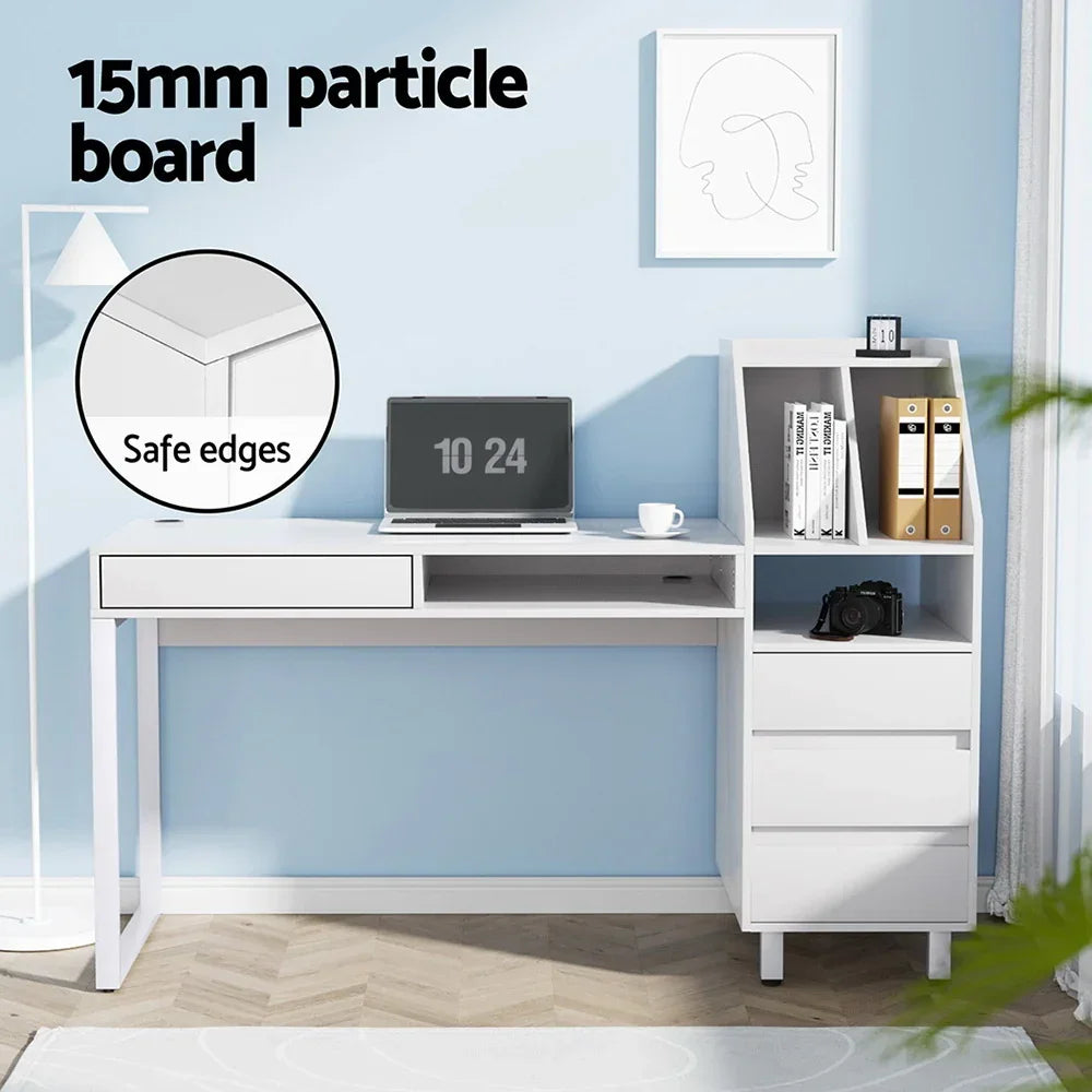 White office desk with storage shelves, drawers, and safe edges in modern room