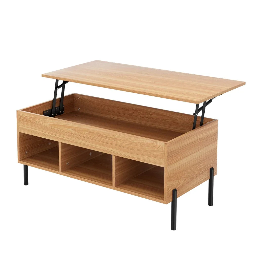 Lift-top coffee table with wood finish, black metal legs, and open storage shelves