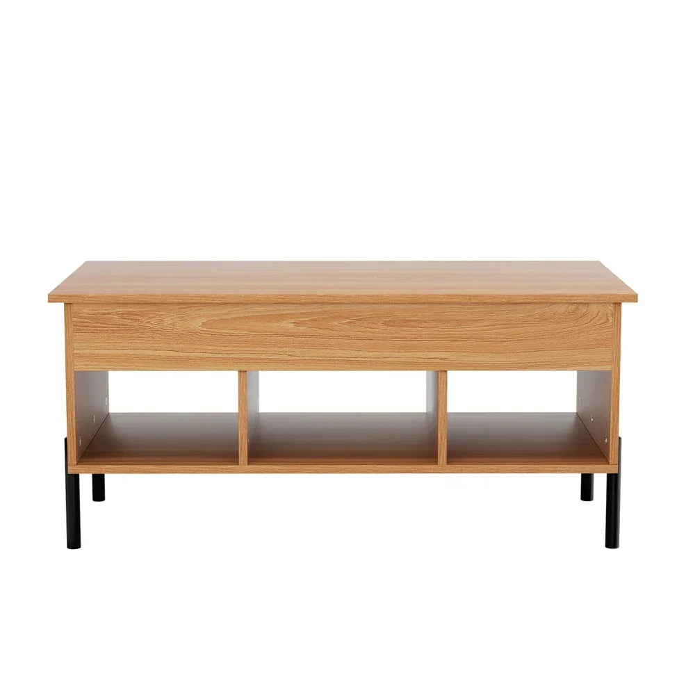Wooden coffee table with black legs and three open storage compartments