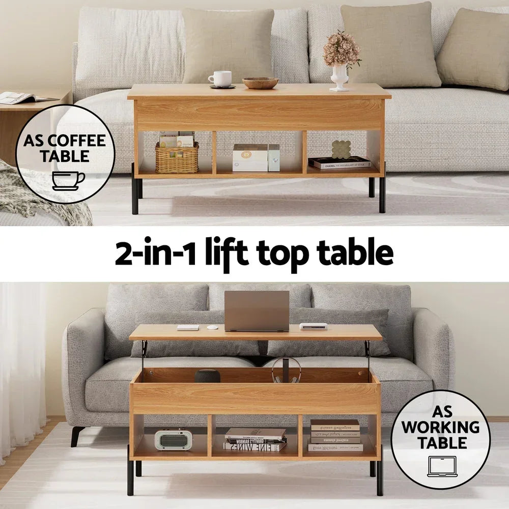 Modern wooden 2-in-1 lift top coffee table with storage, shown as coffee and working table in living room.