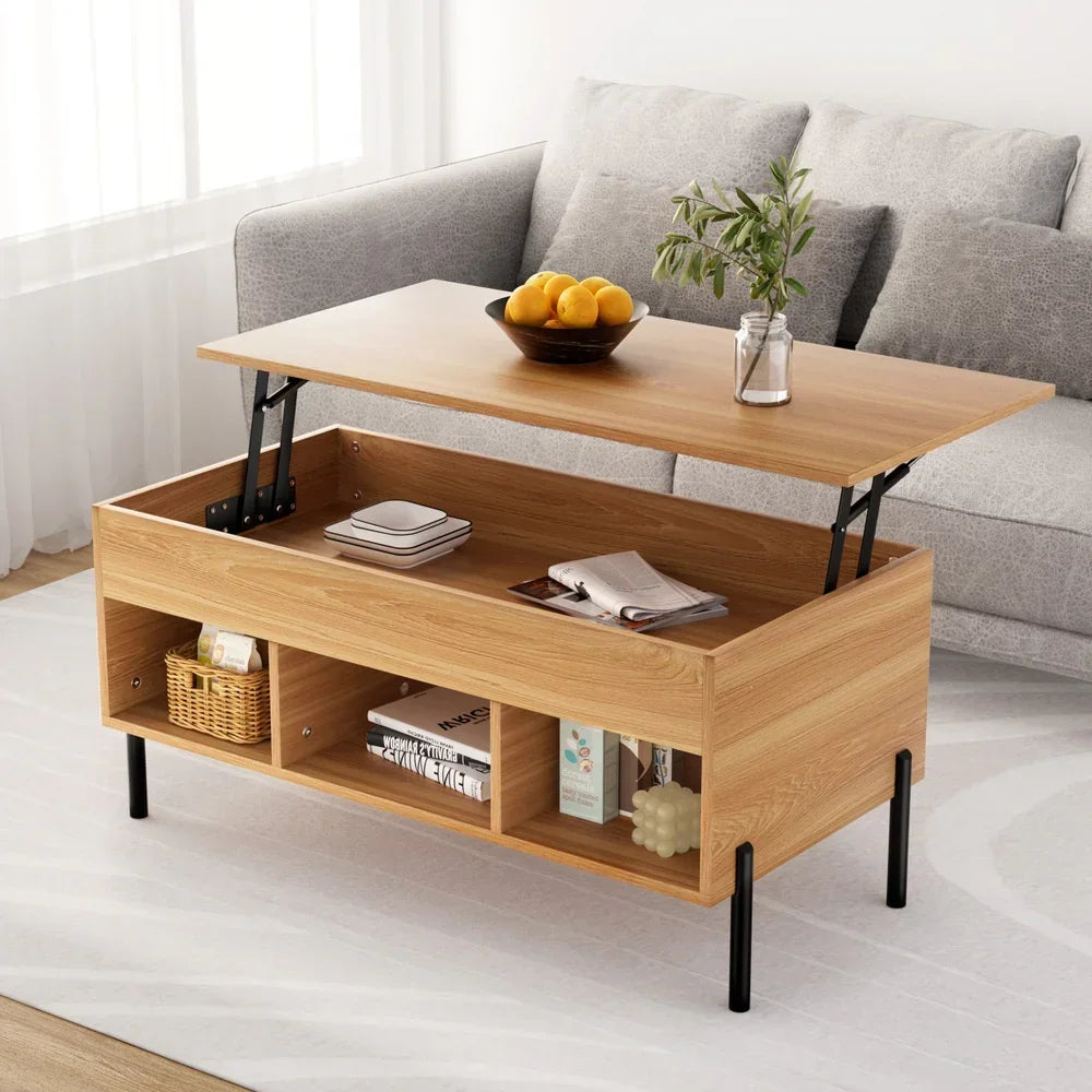 Wooden lift-top coffee table with storage shelves in a modern living room setting