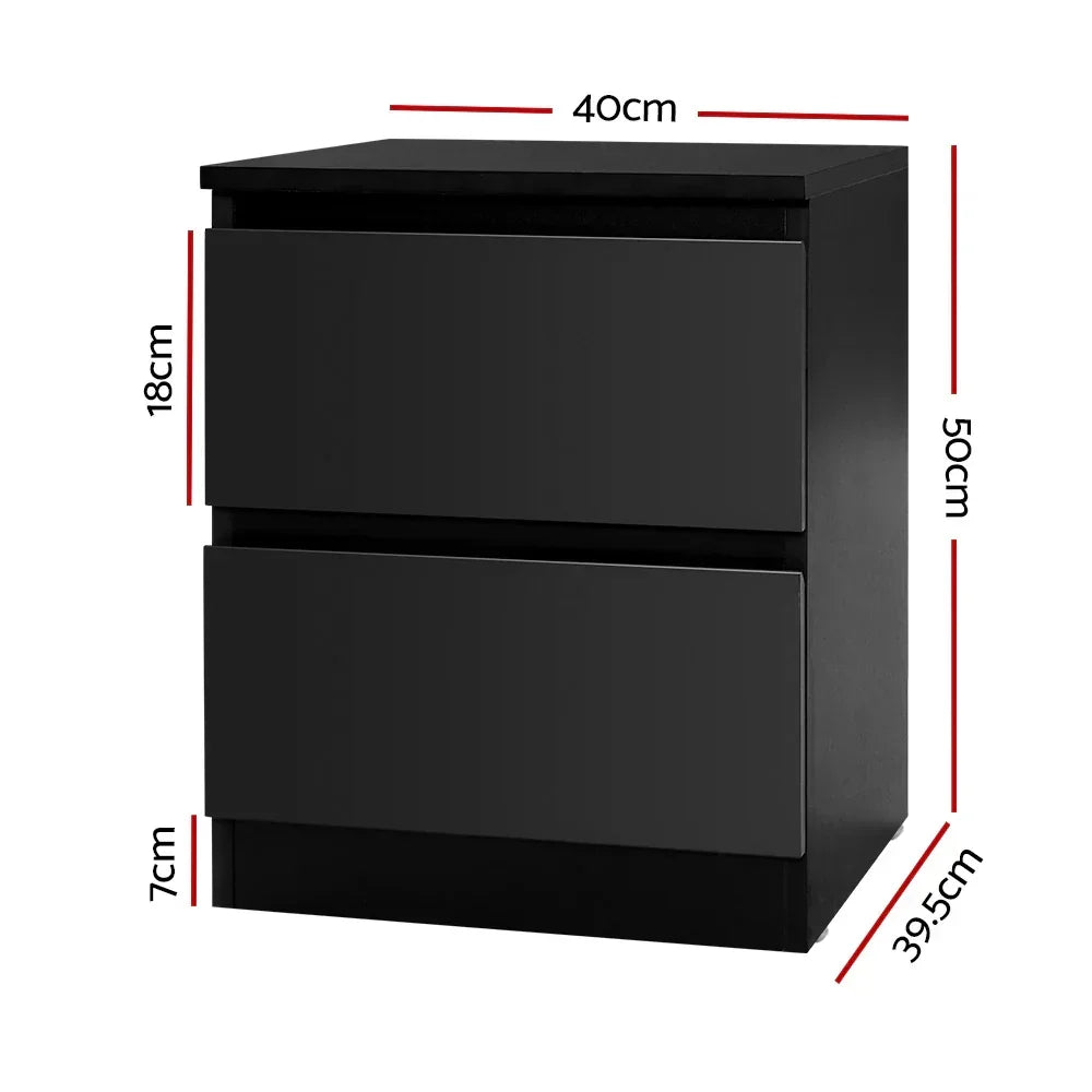 Black two-drawer bedside table with dimensions 50cm x 40cm x 39.5cm, modern design