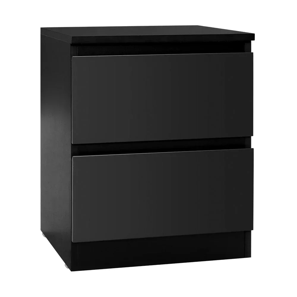 Modern black two drawer bedside table with a minimalist design