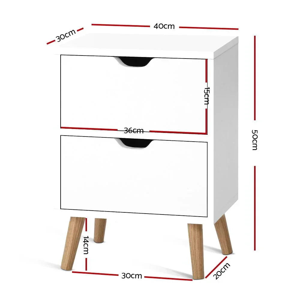 White two-drawer bedside table with wooden legs, showing detailed measurements in centimeters.