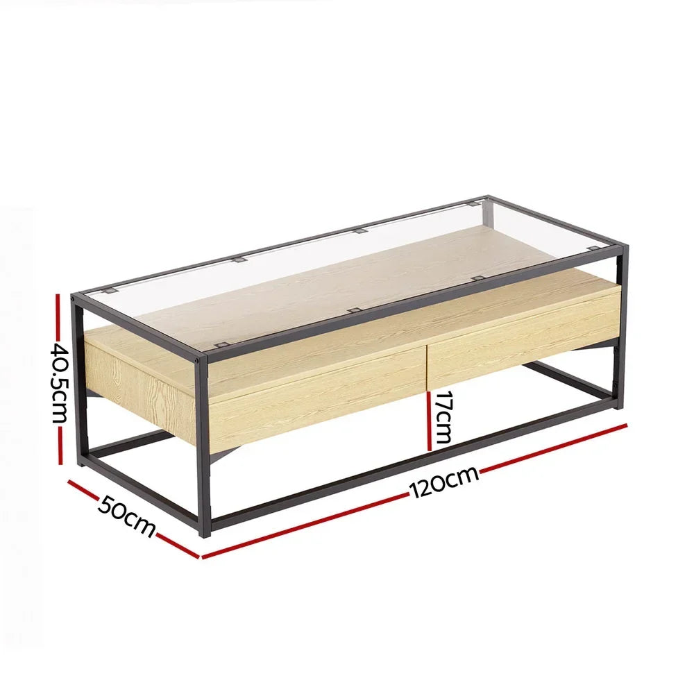 Rectangular glass top coffee table with black metal frame and light wood drawers, dimensions labeled.