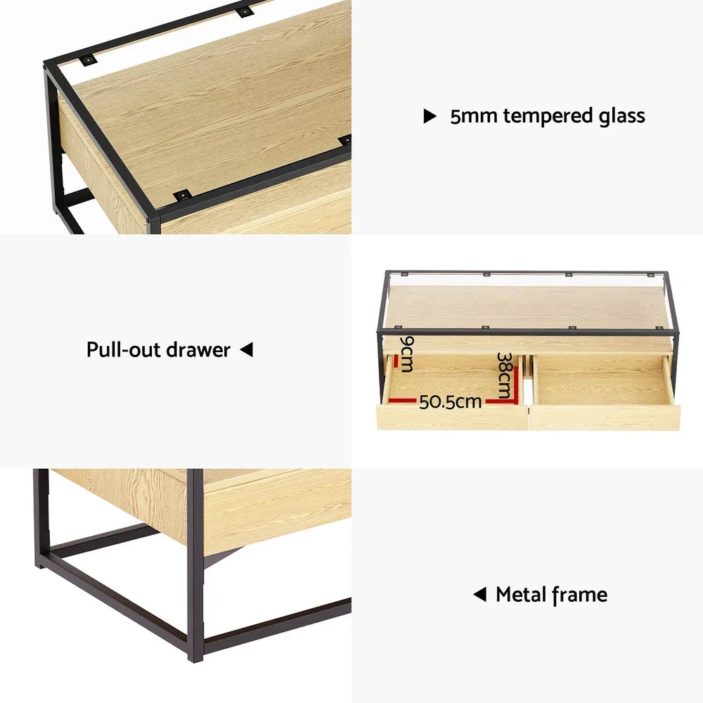 Modern coffee table with a metal frame, 5mm tempered glass top, and pull-out storage drawers.