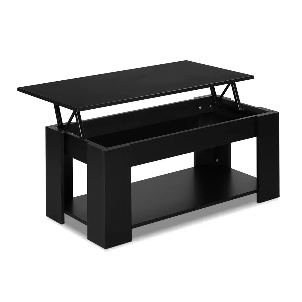 Black lift top coffee table with storage compartment and lower shelf on white background