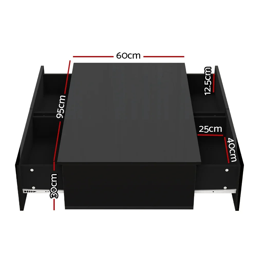 Black coffee table with open storage compartments and labeled dimensions in centimeters
