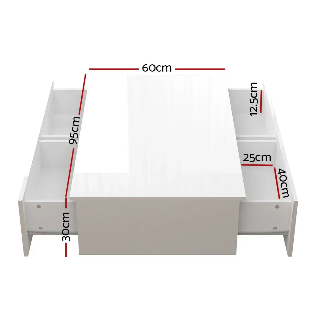White coffee table with open storage compartments, labeled dimensions in centimeters