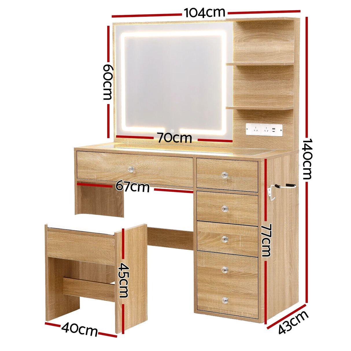 Wooden dressing table with LED mirror, drawers, shelves, stool, and size measurements shown.