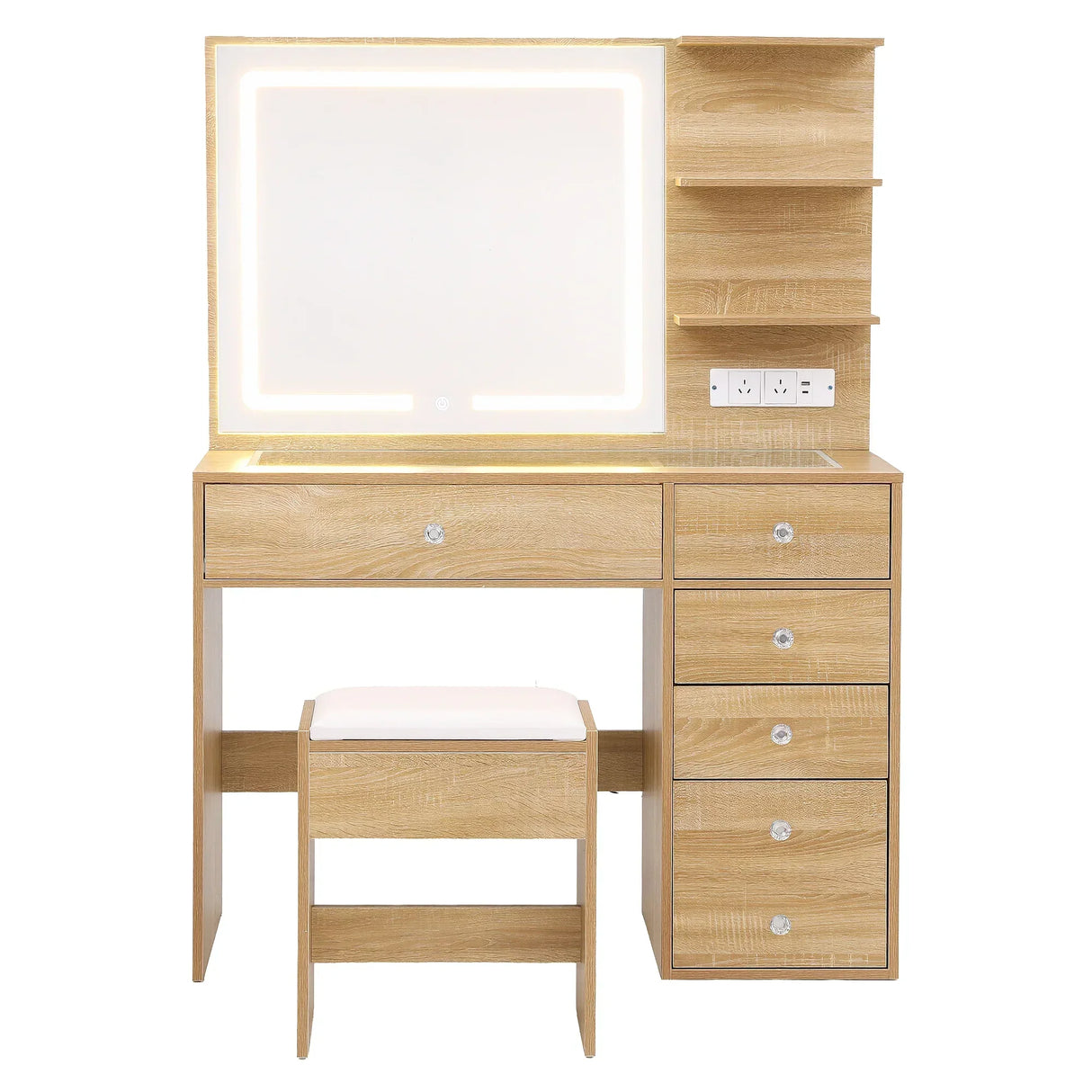 Wooden vanity table with LED mirror, five drawers, shelves, and matching stool