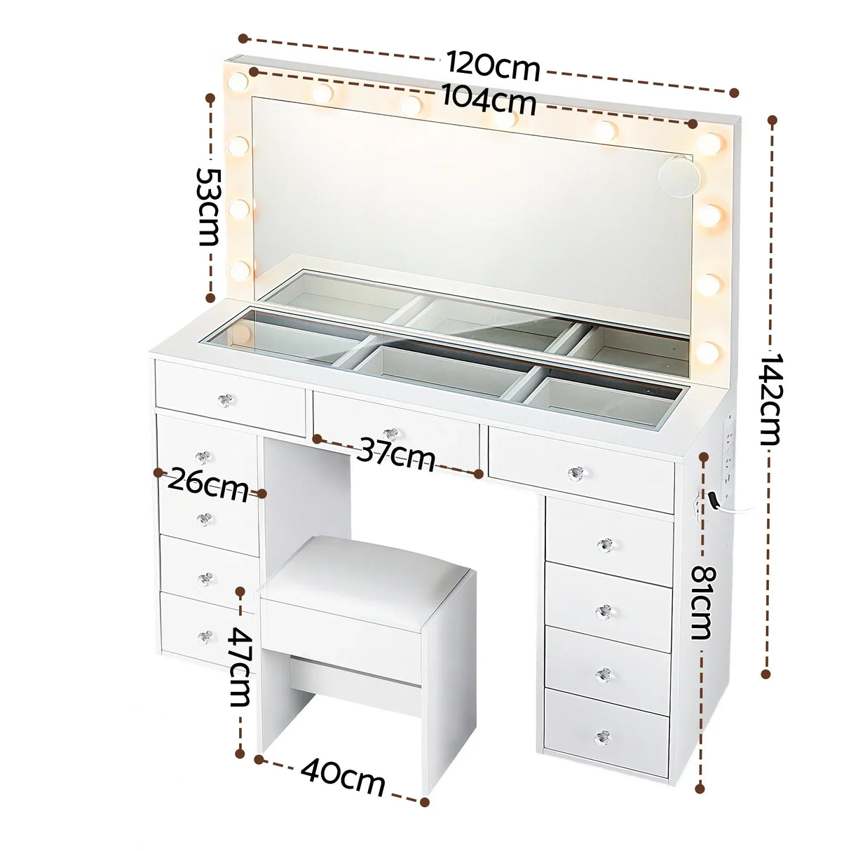 White vanity table set with mirror, lights, drawers, stool, and labeled measurements.