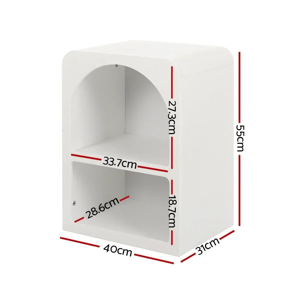 White modern bedside table with two shelves, rounded edges, and labeled dimensions