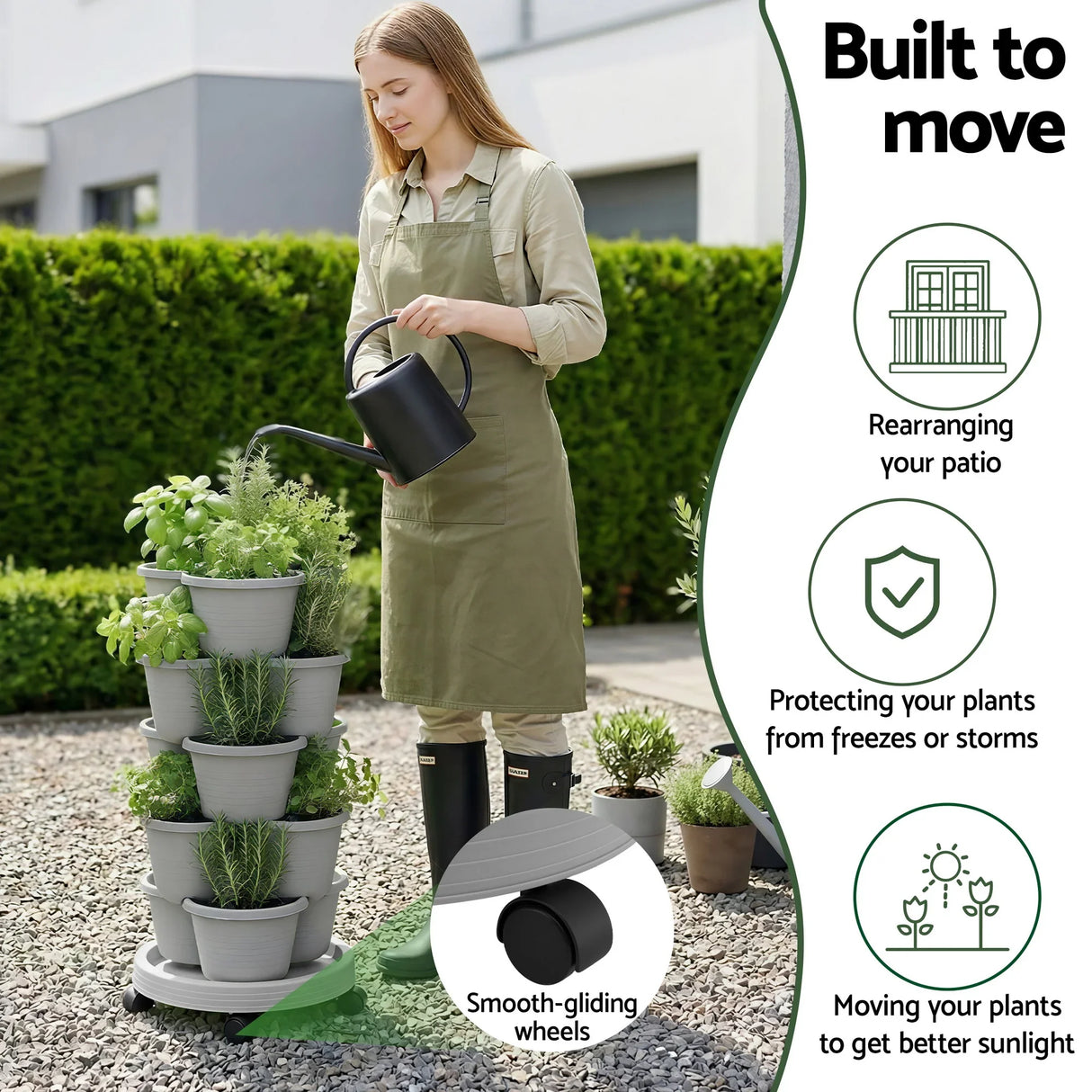 Vertical Garden Planter 5 Tier Stackable 35x35x75cm 4 Wheels Grey