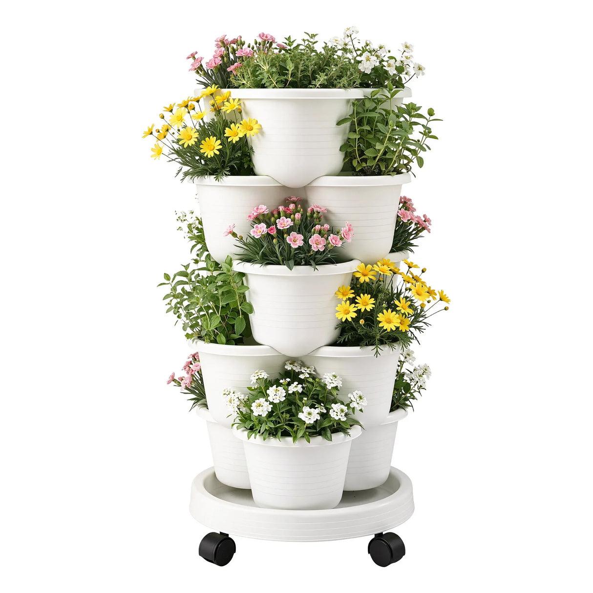 Vertical Garden Planter 5 Tier Stackable 35x35x75cm Wheels White