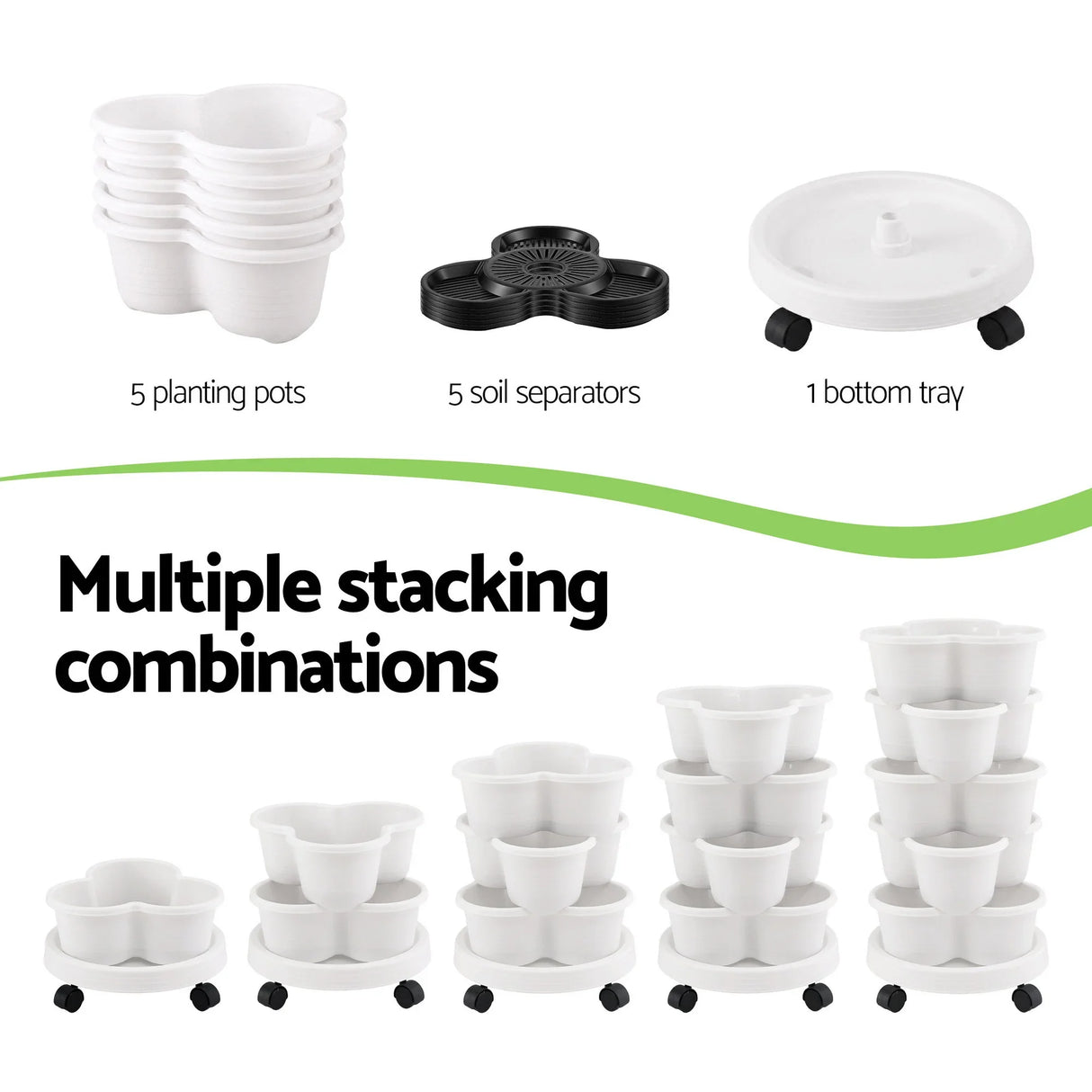Vertical Garden Planter 5 Tier Stackable 35x35x75cm Wheels White