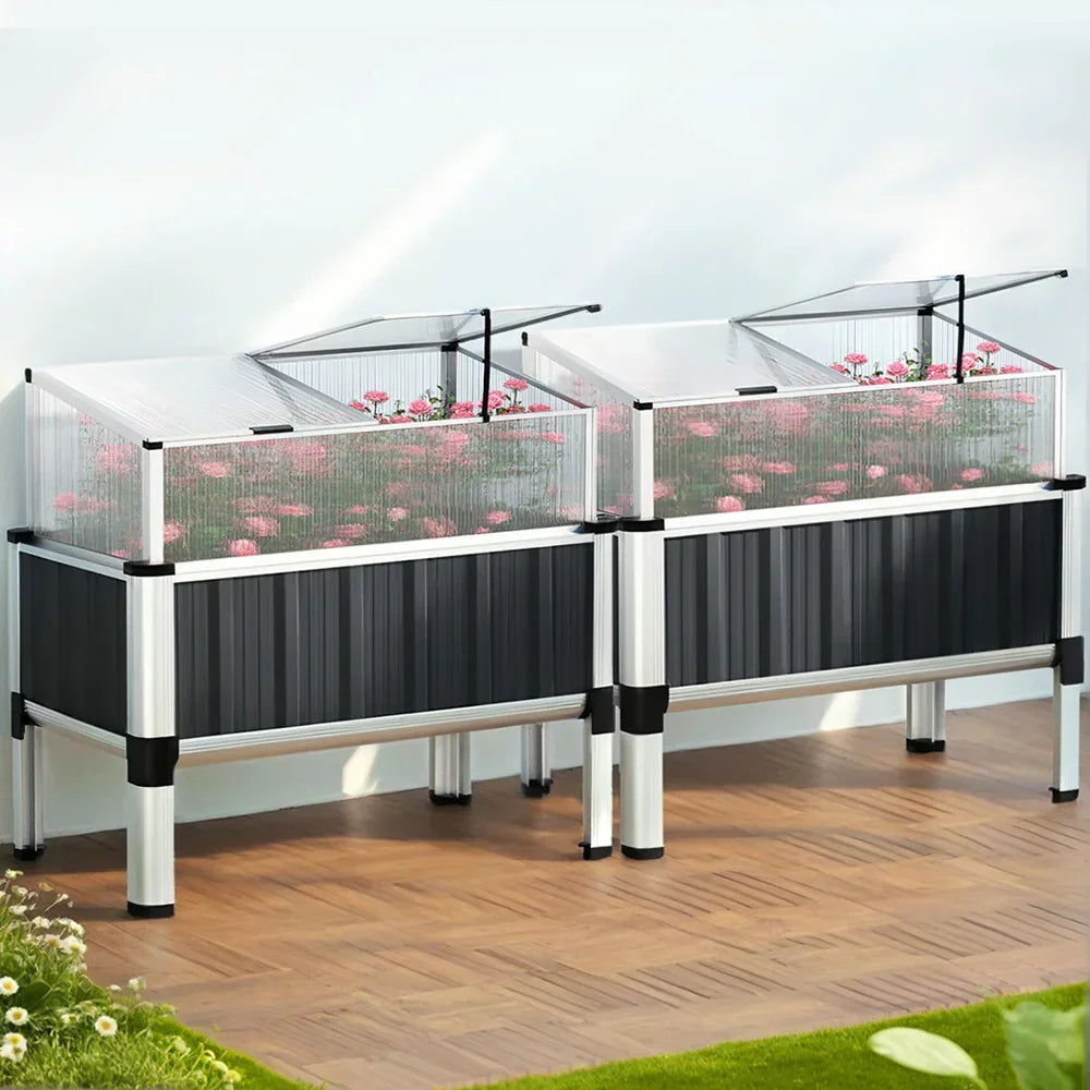 Green Fingers Raised Garden Bed x2 80x49x74cm Greenhouse Planter Box Galvanised Herb