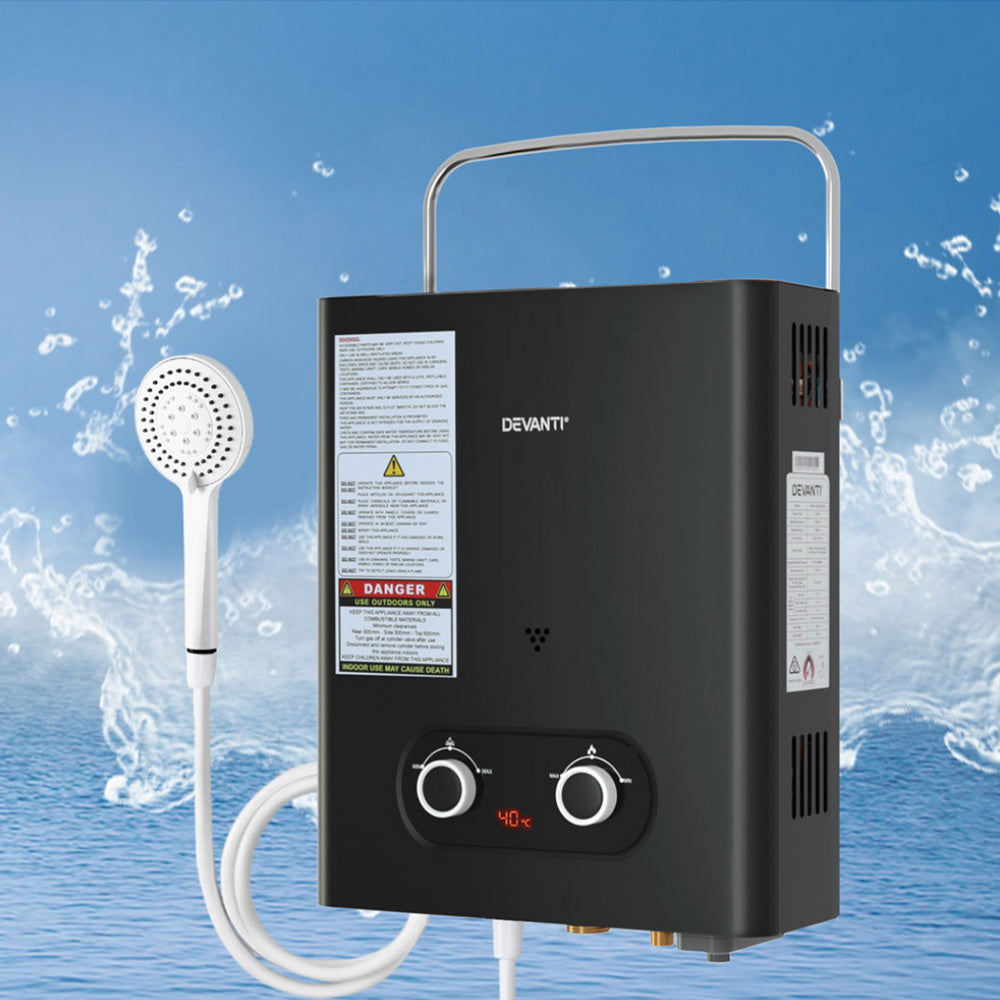 Devanti Portable LPG Gas Water Heater Camping Shower 45°C Max LED Display Rain Shield Black
