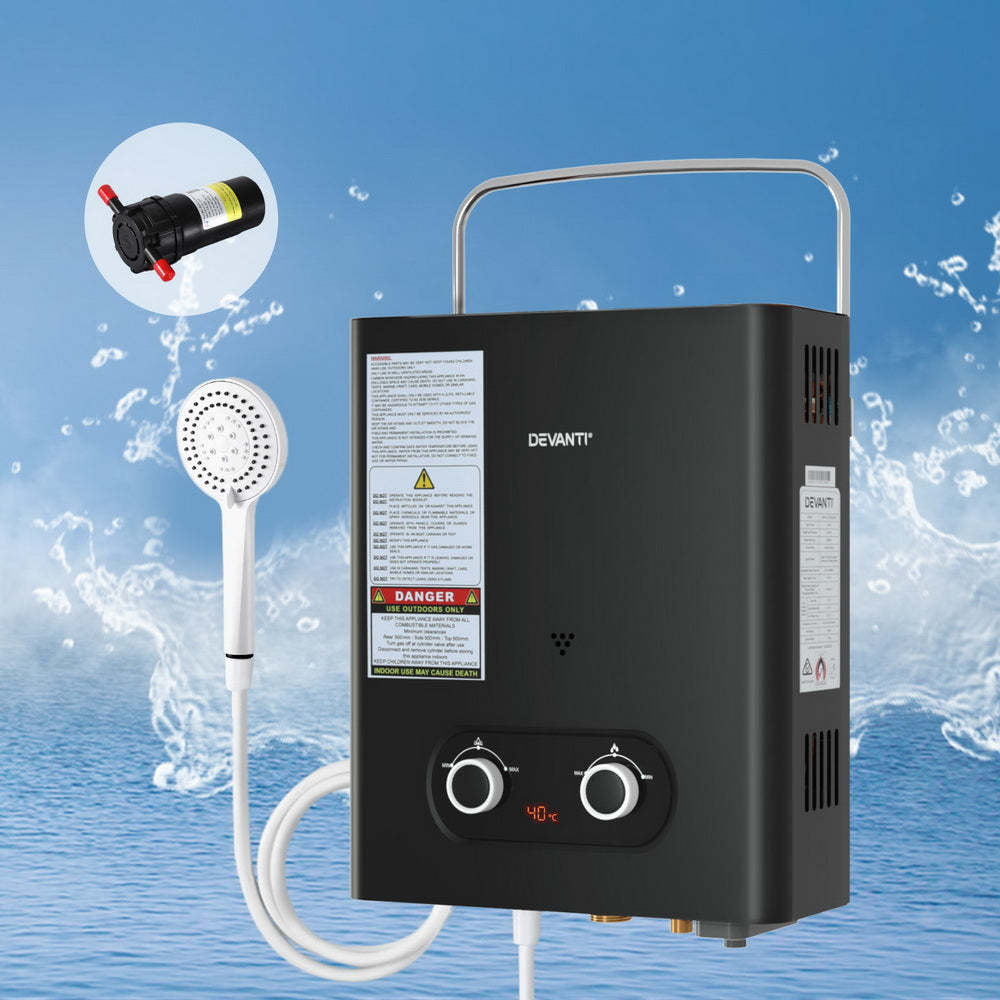 Devanti Portable LPG Gas Water Heater Camping Shower 45°C Max 12V Pump Included Rain Shield Black