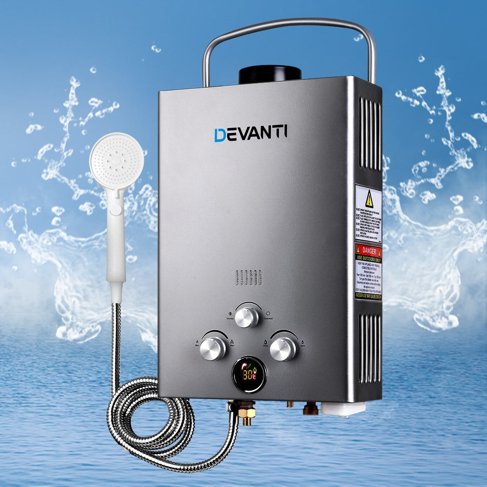 Devanti Portable LPG Gas Water Heater 360L/H Camping Shower LED Display Grey