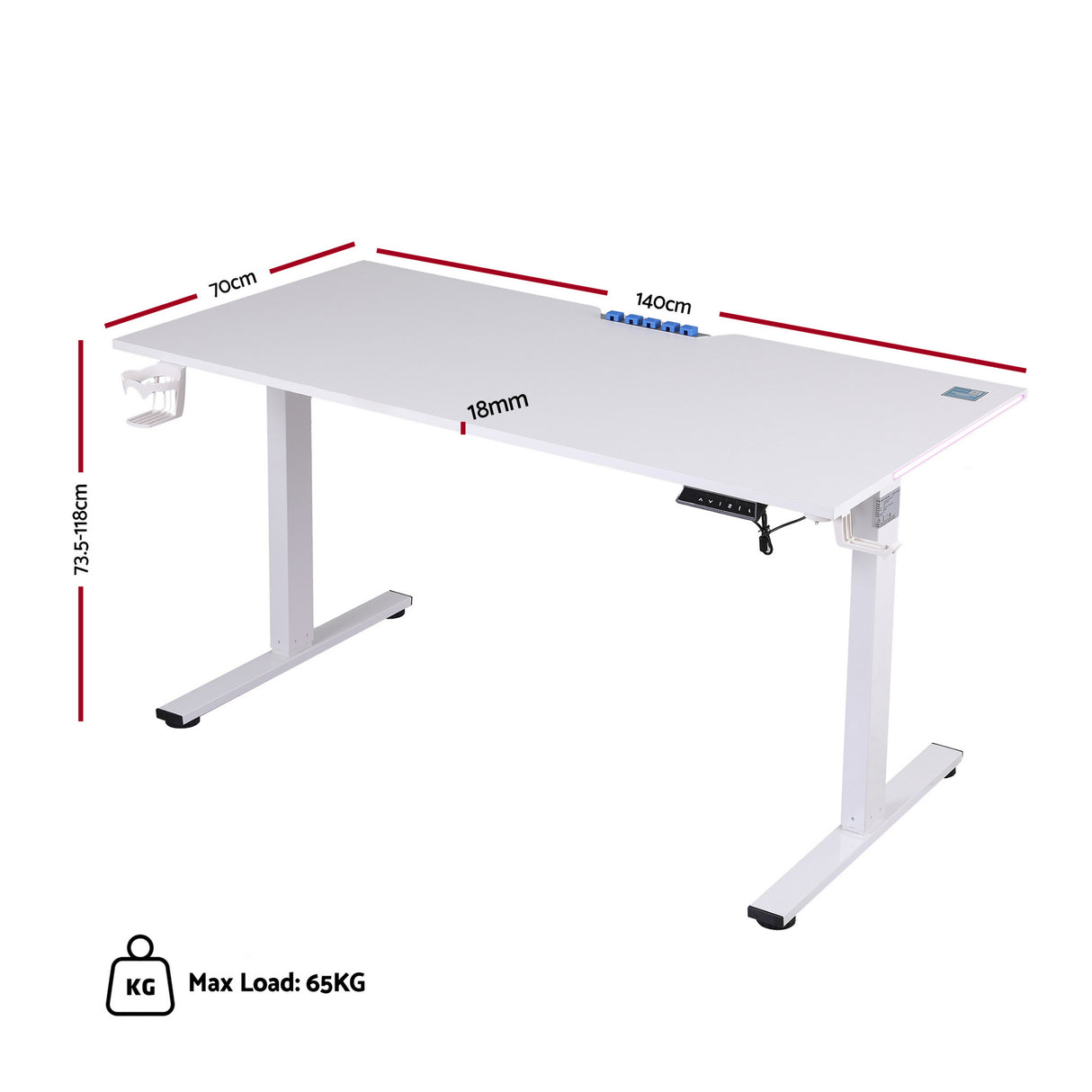 White height-adjustable standing desk, 140x70cm, 65kg max load, ideal for home office or workspace