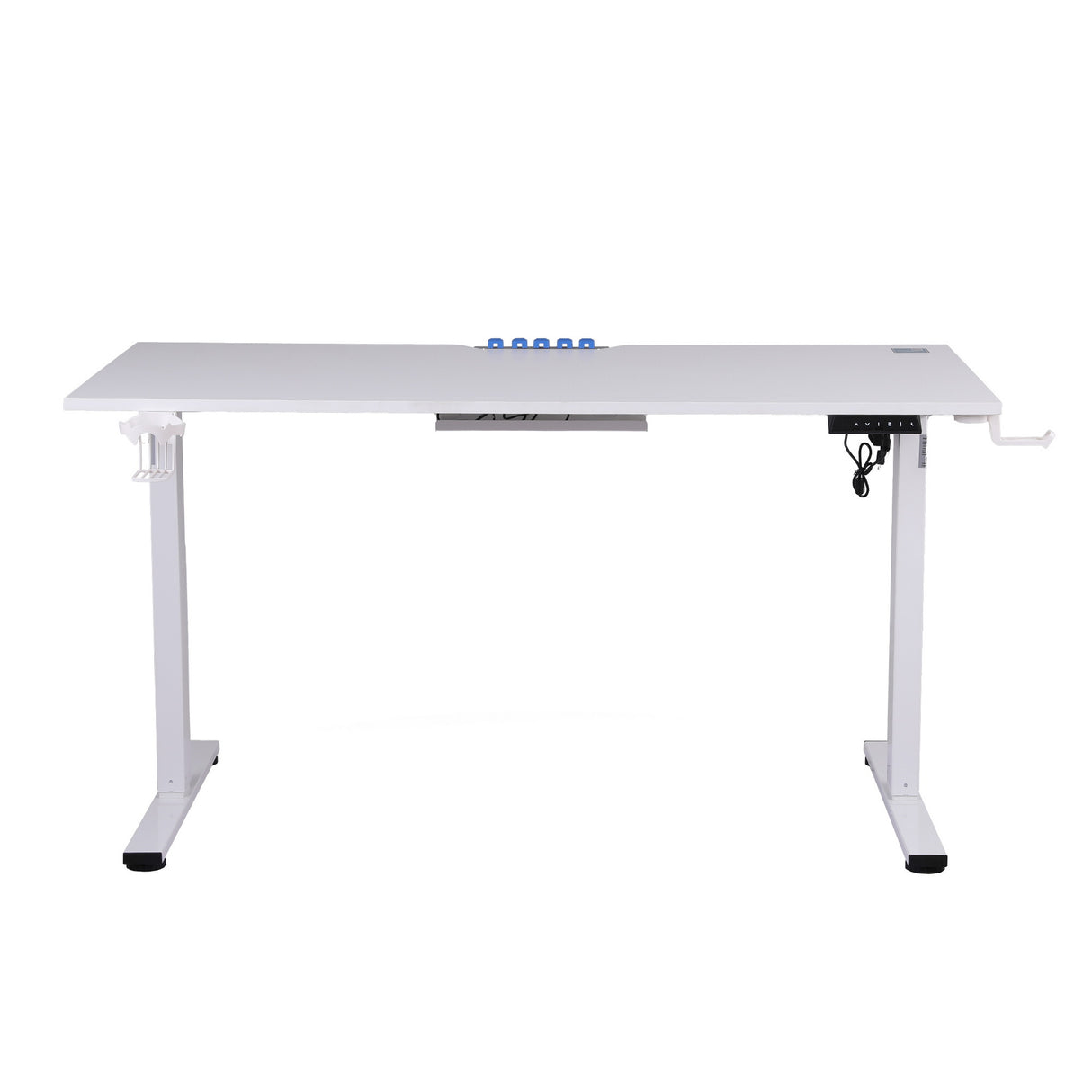 White height adjustable standing desk with blue controls and cable management, ideal for home office setup