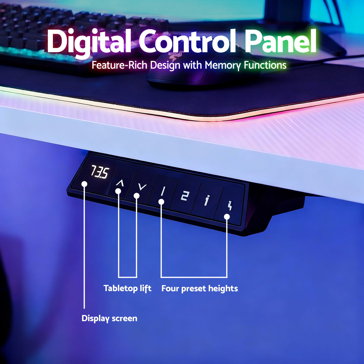 Digital control panel with display screen, tabletop lift buttons, and four preset height settings for adjustable desk