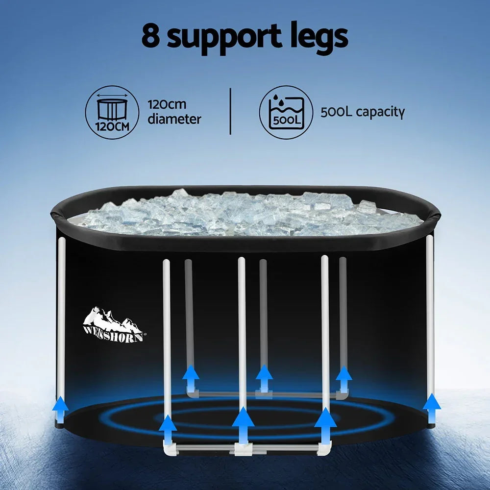 Black 120cm diameter ice bath tub with 8 support legs, 500L capacity at Flea Market AU.