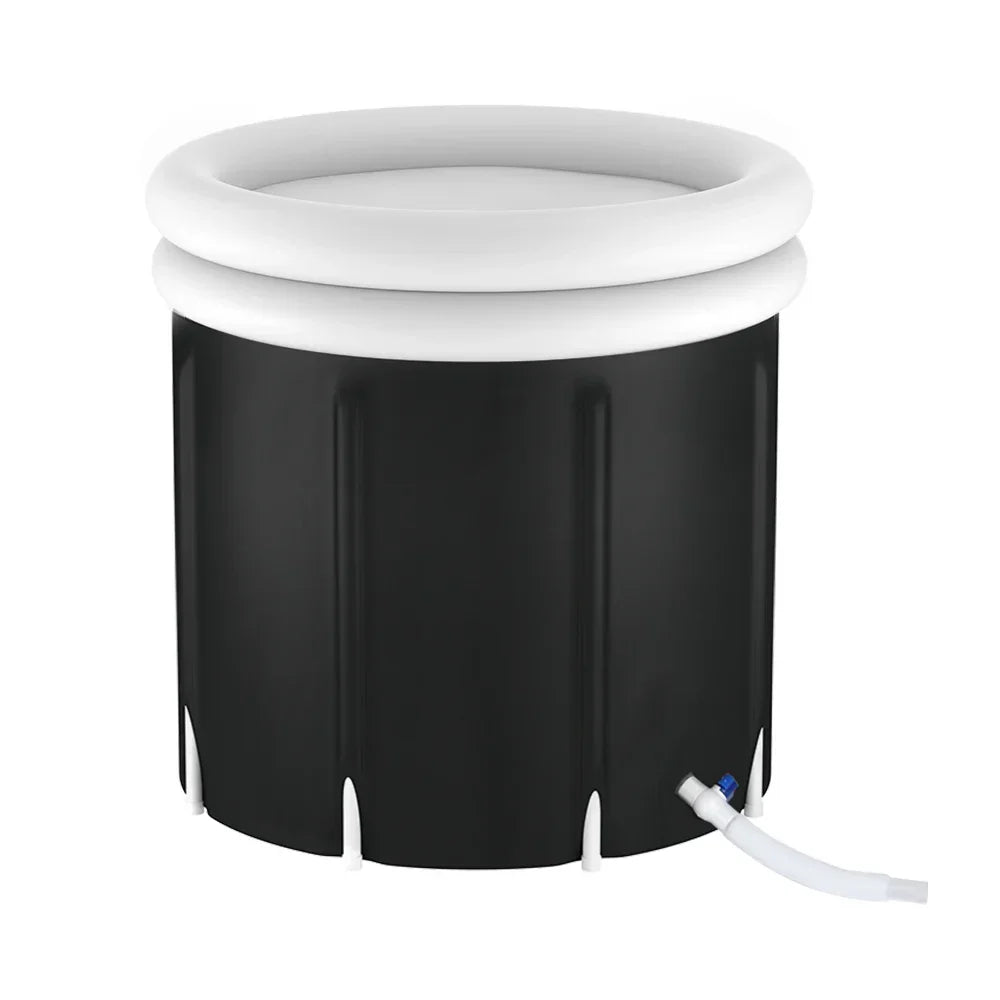 Black and white inflatable ice bath tub with drainage hose, bargain home wellness product