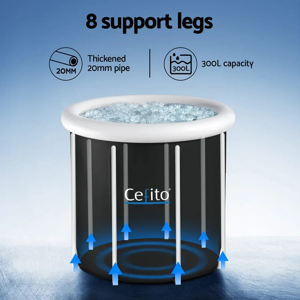 Cefito 300L black ice tub with 8 support legs, thick 20mm pipes, filled with ice, product diagram