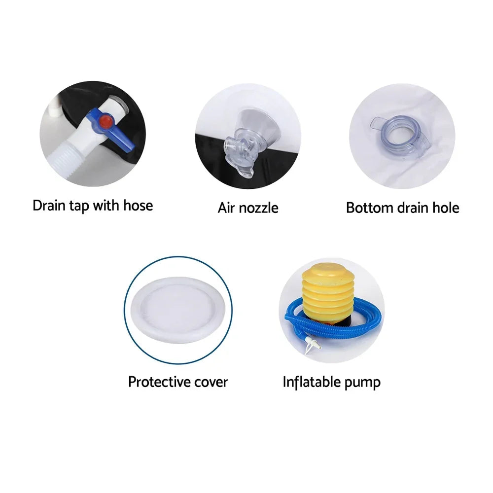 ICE-TUB 80x80 cm features: drain tap with hose, air nozzle, bottom drain hole, protective cover, inflatable pump. Flea Market online bargain store product.