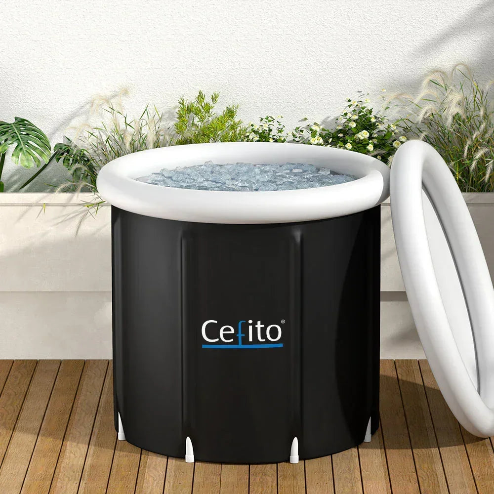 Cefito black round ice tub filled with ice, outdoor wooden deck, plants in background, Stacks Warehouse AU