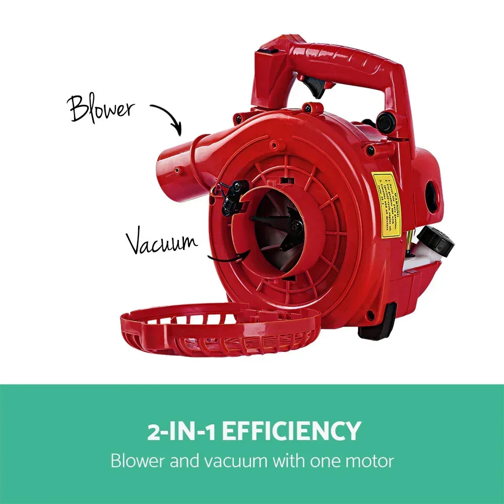 Red 2-in-1 electric blower and vacuum with labeled blower and vacuum ports