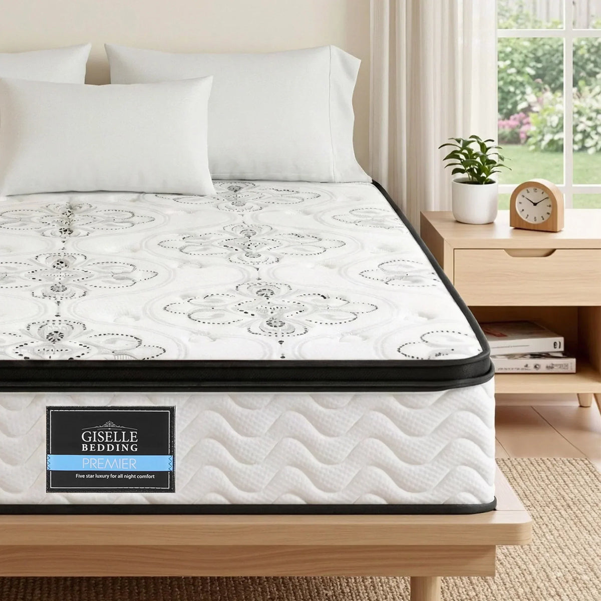 Giselle Bedding Premier mattress on wooden bed in bright bedroom, Stacks Warehouse AU bargain item.