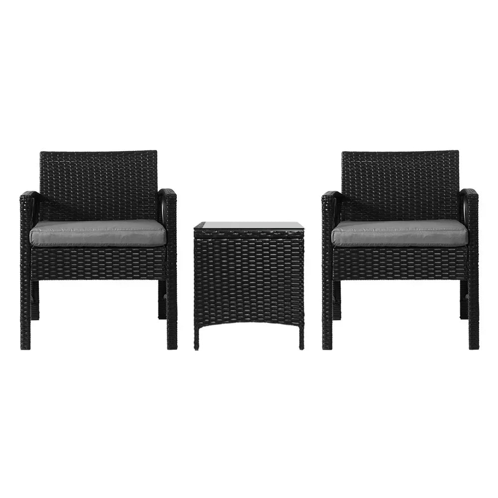 3PC Outdoor Bistro Set Patio Furniture Wicker Dining Chairs Table Cushion Black - Flea Market