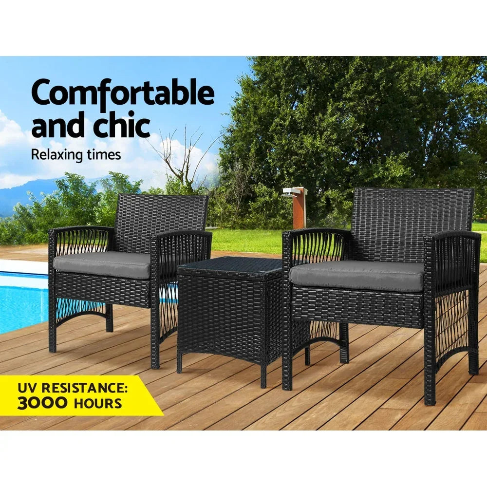 3PC Outdoor Bistro Set Patio Furniture Wicker Dining Chairs Table Cushion Black - Flea Market