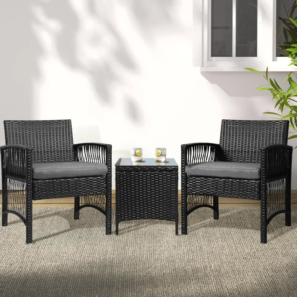3PC Outdoor Bistro Set Patio Furniture Wicker Dining Chairs Table Cushion Black - Stacks Warehouse