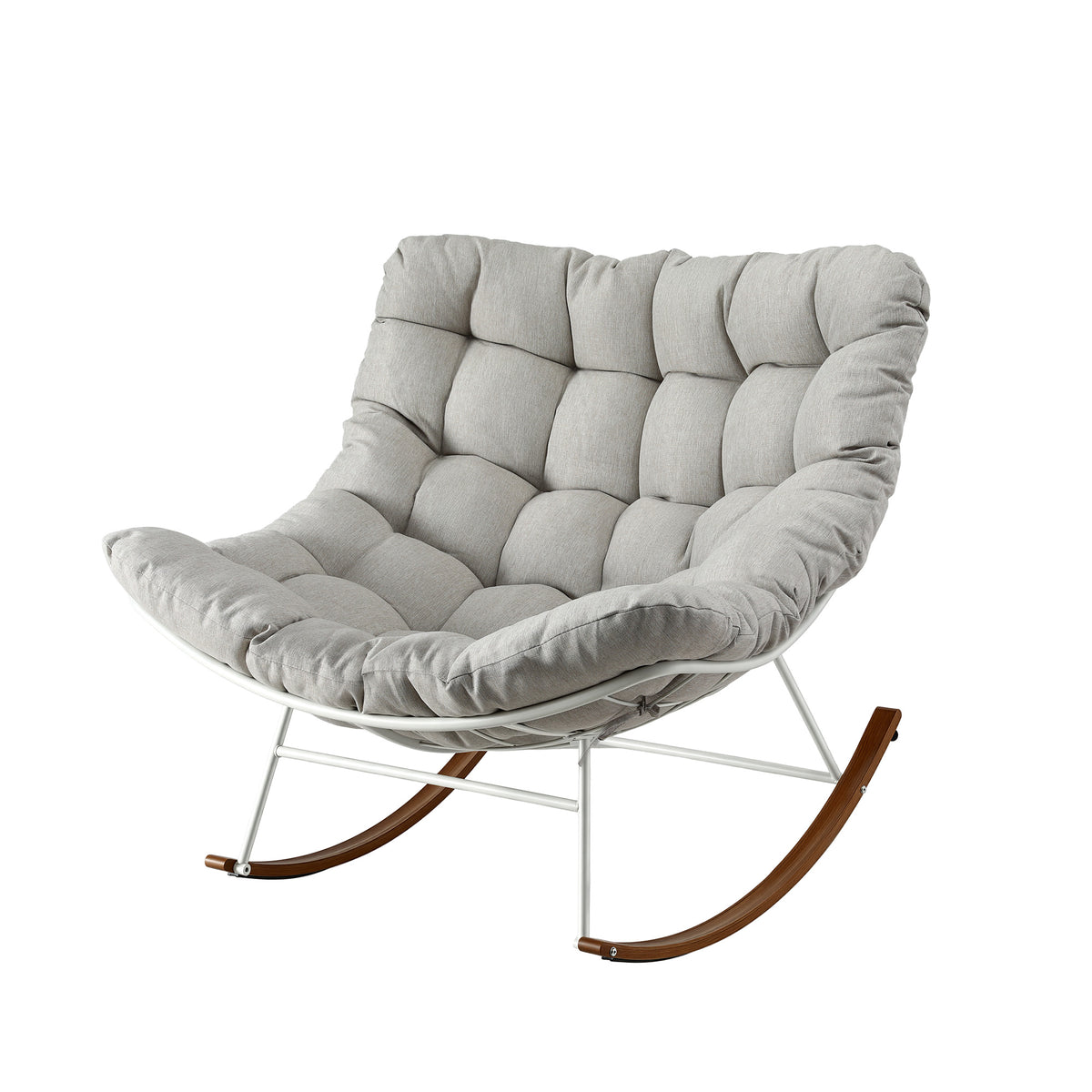 Gray tufted butterfly rocking chair with white metal frame and wood rockers, modern lounge seating
