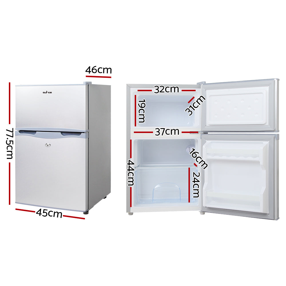 Compact 2-door mini fridge with dimensions, ideal for small spaces and budget-friendly storage