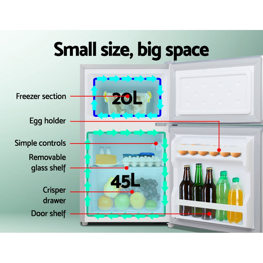 Compact 65L fridge freezer with 20L freezer, 45L fridge, egg holder, crisper, glass shelves, door storage
