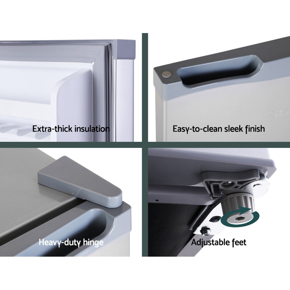 Compact fridge features: extra-thick insulation, sleek finish, heavy-duty hinge, adjustable feet for stability