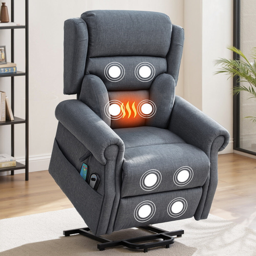 Artiss Lift Recliner Chair 8-Point Heated Massage 130° Recline Skin-Friendly Fabric Compact 150kg Grey