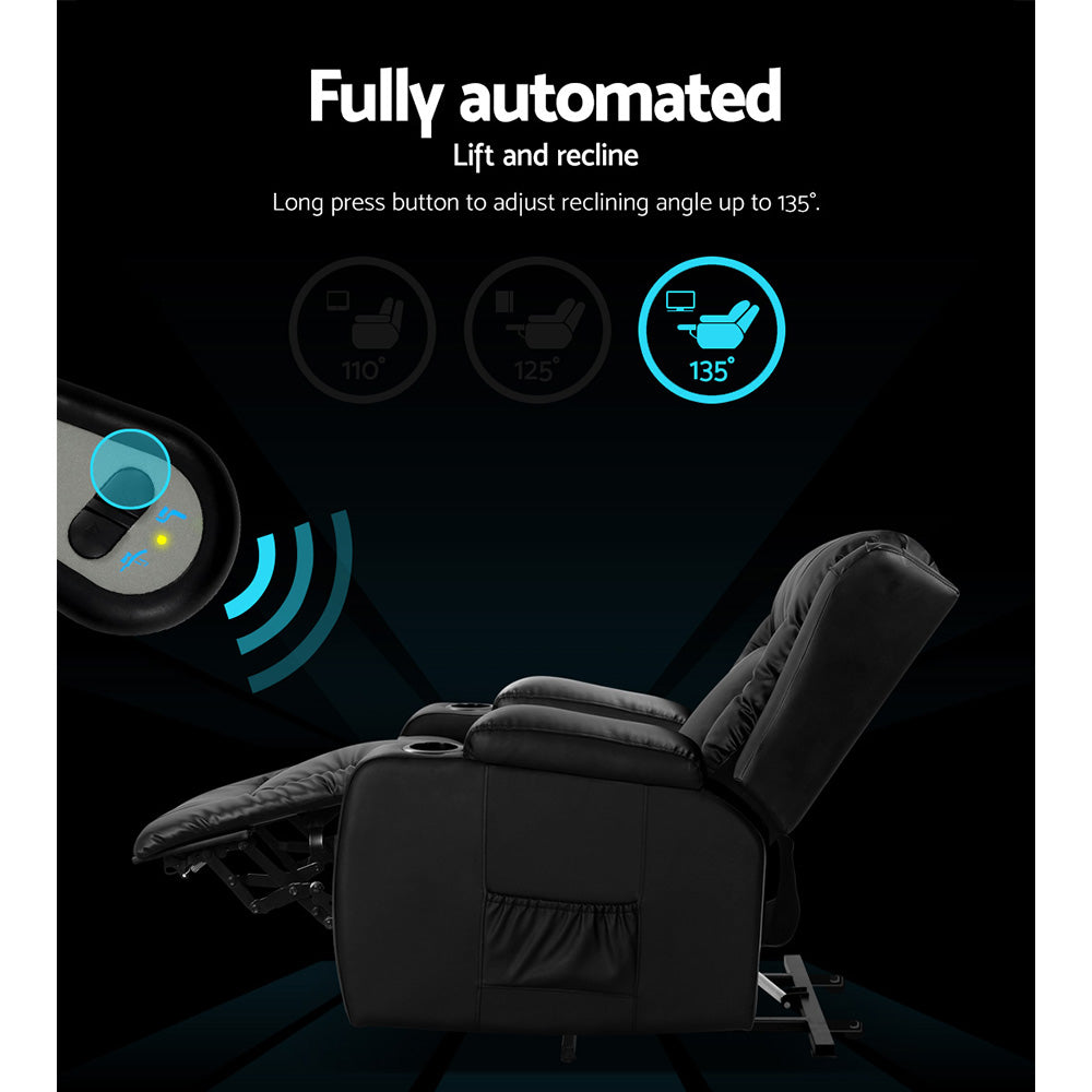 Artiss Lift Recliner Chair 8-Point Heated Massage 135° Recline PU Leather 180kg SAA Black