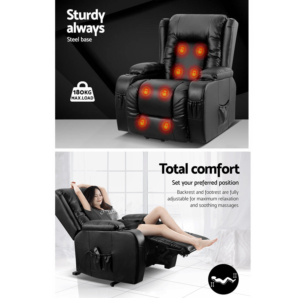 Artiss Lift Recliner Chair 8-Point Heated Massage 135° Recline PU Leather 180kg SAA Black