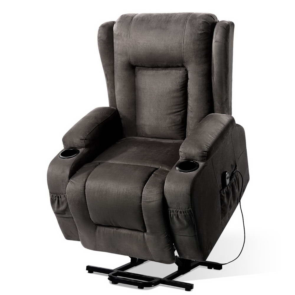 Artiss Lift Recliner Chair 8-Point Heated Massage 135° Recline Suede Fabric 180kg Wheels SAA Grey