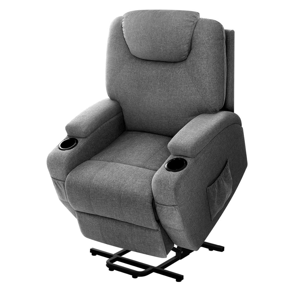 Artiss Lift Recliner Chair 8-Point Heated Massage 160° Recline Faux Linen 150kg SAA Grey
