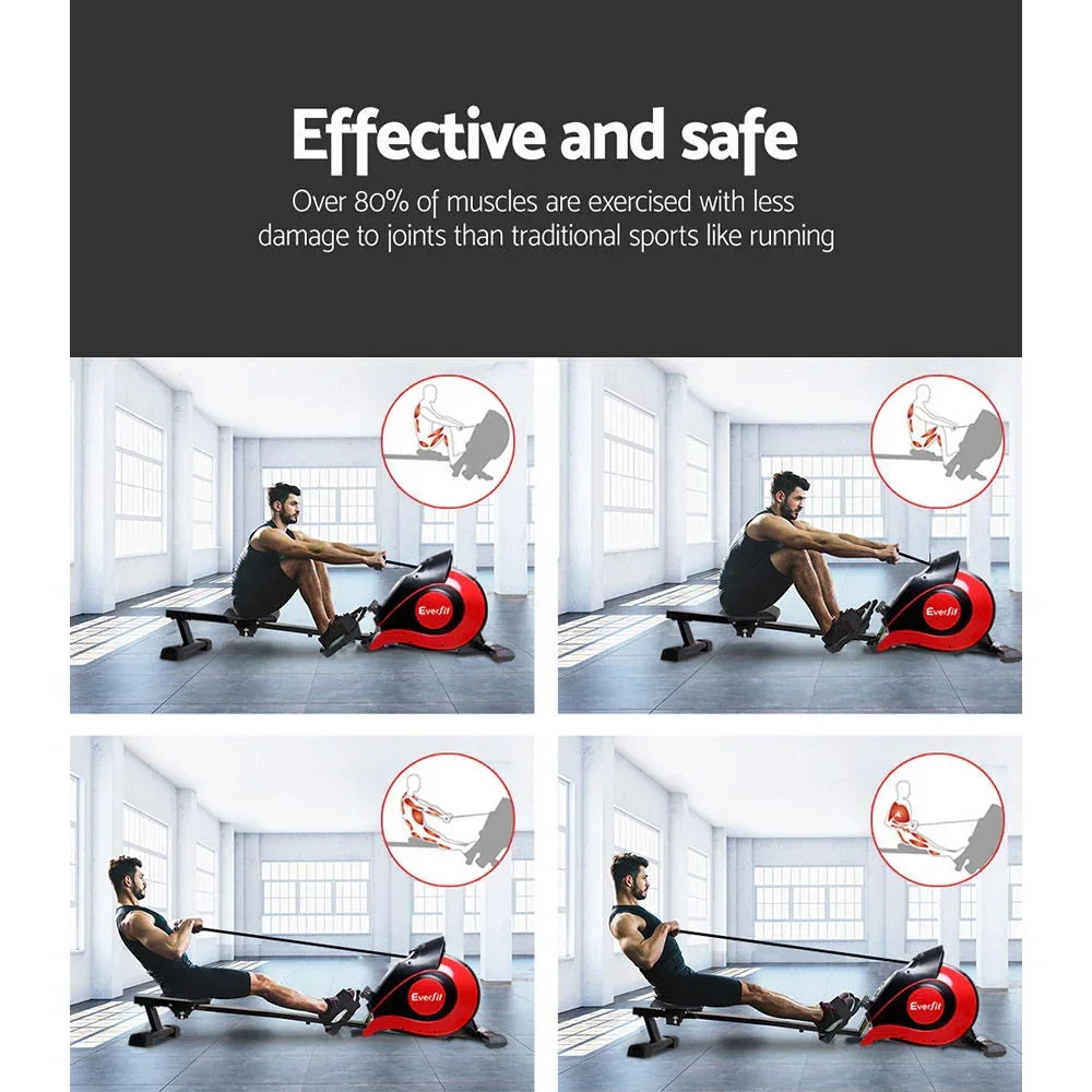 Man using red Everfit rowing machine in bright gym, demonstrating effective workout positions.