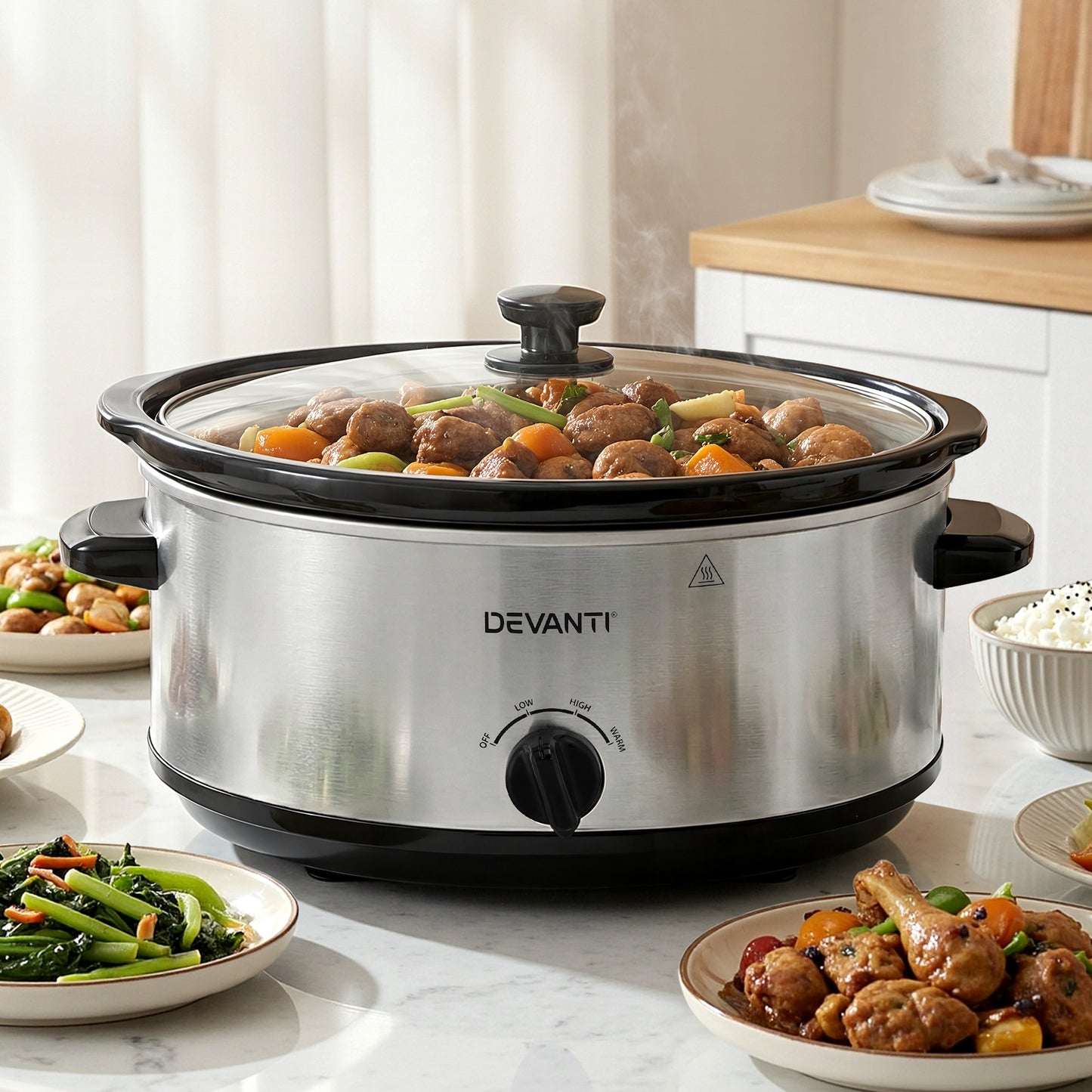 Devanti 6.5L Slow Cooker 3 Heat Settings Dishwasher-Safe Stoneware Keep Warm Silver